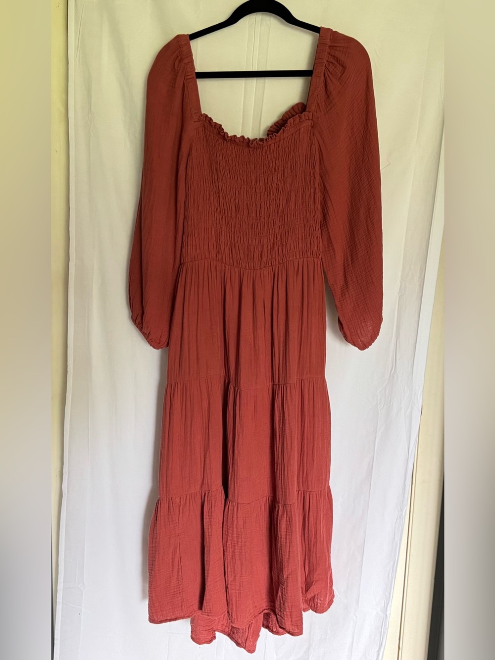 Beach Lunch Lounge Rust Luana Smocked Tiered Midi‎ Dress Open Back-Size L